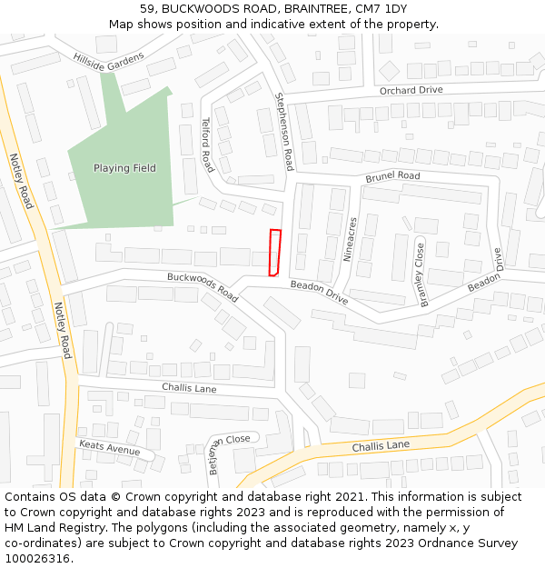 59, BUCKWOODS ROAD, BRAINTREE, CM7 1DY: Location map and indicative extent of plot
