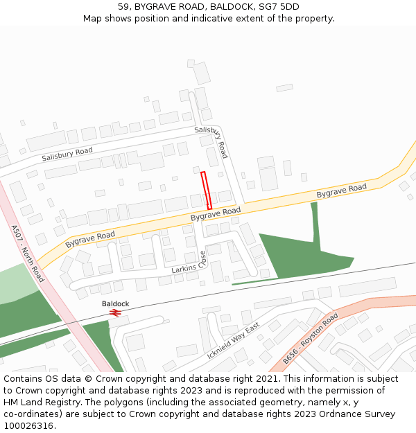 59, BYGRAVE ROAD, BALDOCK, SG7 5DD: Location map and indicative extent of plot