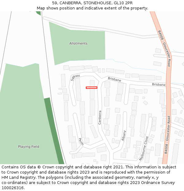 59, CANBERRA, STONEHOUSE, GL10 2PR: Location map and indicative extent of plot