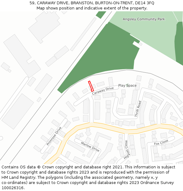 59, CARAWAY DRIVE, BRANSTON, BURTON-ON-TRENT, DE14 3FQ: Location map and indicative extent of plot