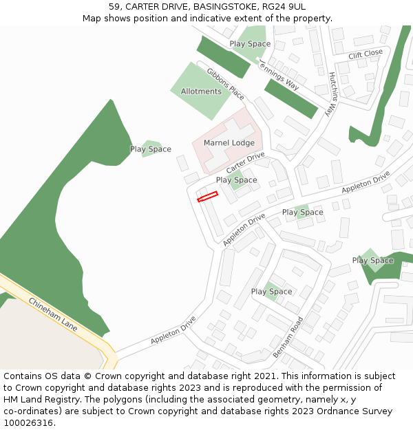 59, CARTER DRIVE, BASINGSTOKE, RG24 9UL: Location map and indicative extent of plot