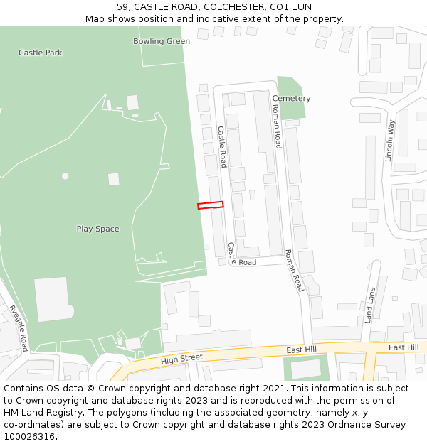 59, CASTLE ROAD, COLCHESTER, CO1 1UN: Location map and indicative extent of plot