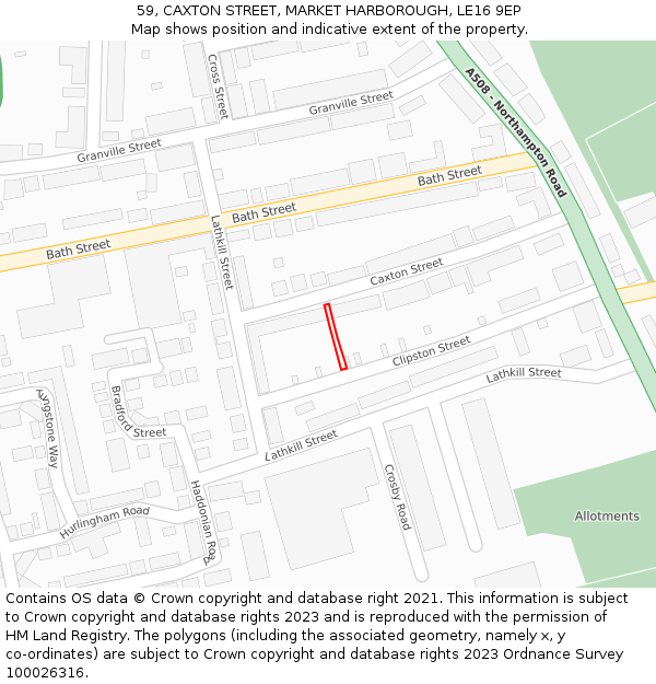 59, CAXTON STREET, MARKET HARBOROUGH, LE16 9EP: Location map and indicative extent of plot