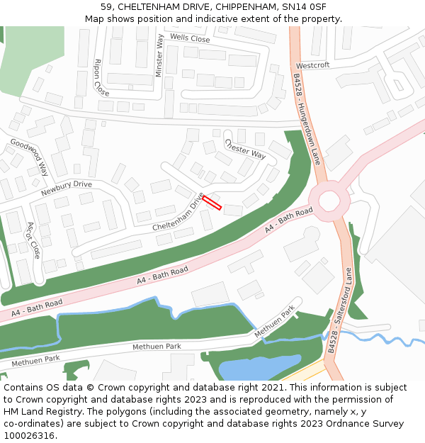 59, CHELTENHAM DRIVE, CHIPPENHAM, SN14 0SF: Location map and indicative extent of plot