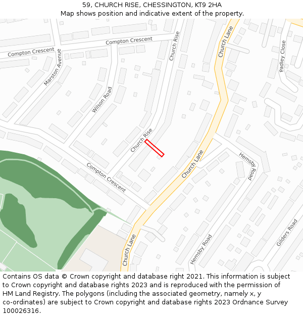 59, CHURCH RISE, CHESSINGTON, KT9 2HA: Location map and indicative extent of plot