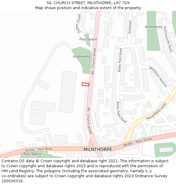 59, CHURCH STREET, MILNTHORPE, LA7 7DX: Location map and indicative extent of plot