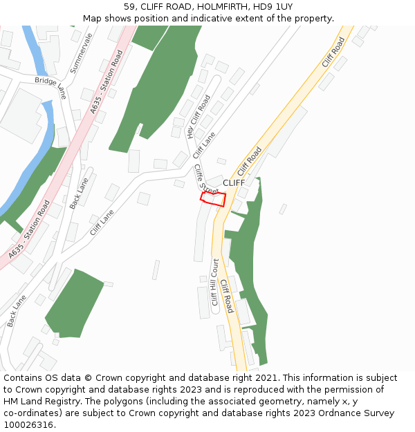 59, CLIFF ROAD, HOLMFIRTH, HD9 1UY: Location map and indicative extent of plot
