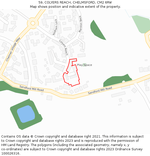 59, COLYERS REACH, CHELMSFORD, CM2 6RW: Location map and indicative extent of plot