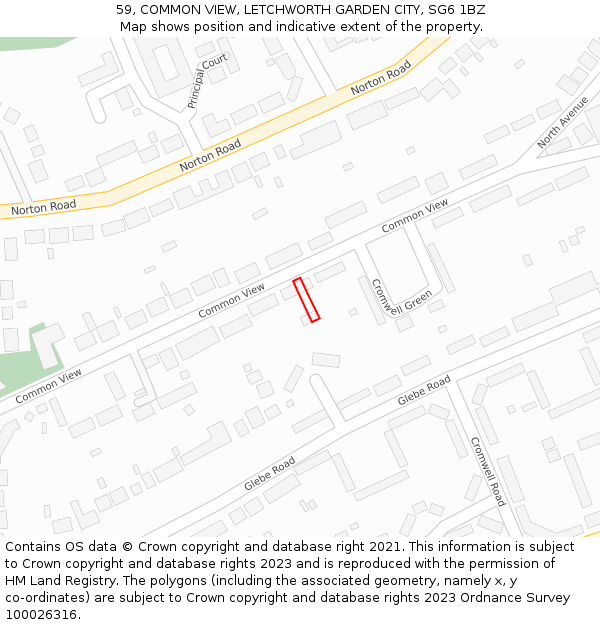 59, COMMON VIEW, LETCHWORTH GARDEN CITY, SG6 1BZ: Location map and indicative extent of plot