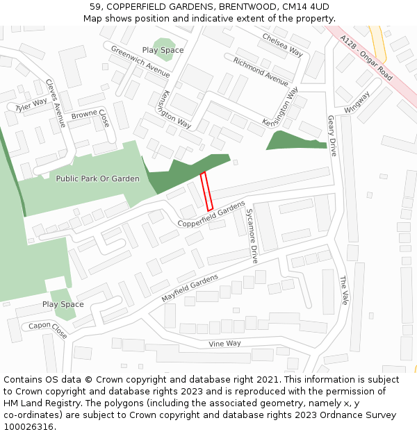 59, COPPERFIELD GARDENS, BRENTWOOD, CM14 4UD: Location map and indicative extent of plot