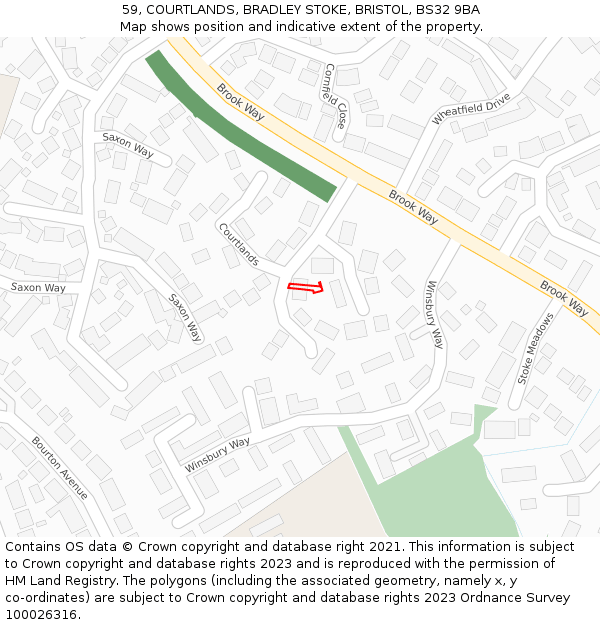59, COURTLANDS, BRADLEY STOKE, BRISTOL, BS32 9BA: Location map and indicative extent of plot