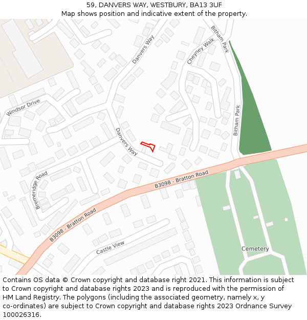59, DANVERS WAY, WESTBURY, BA13 3UF: Location map and indicative extent of plot