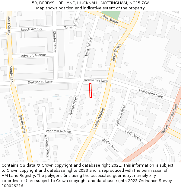59, DERBYSHIRE LANE, HUCKNALL, NOTTINGHAM, NG15 7GA: Location map and indicative extent of plot
