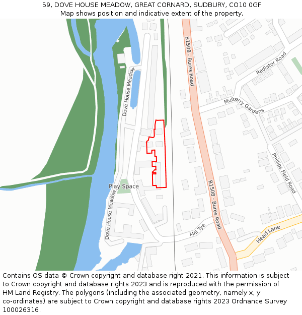 59, DOVE HOUSE MEADOW, GREAT CORNARD, SUDBURY, CO10 0GF: Location map and indicative extent of plot
