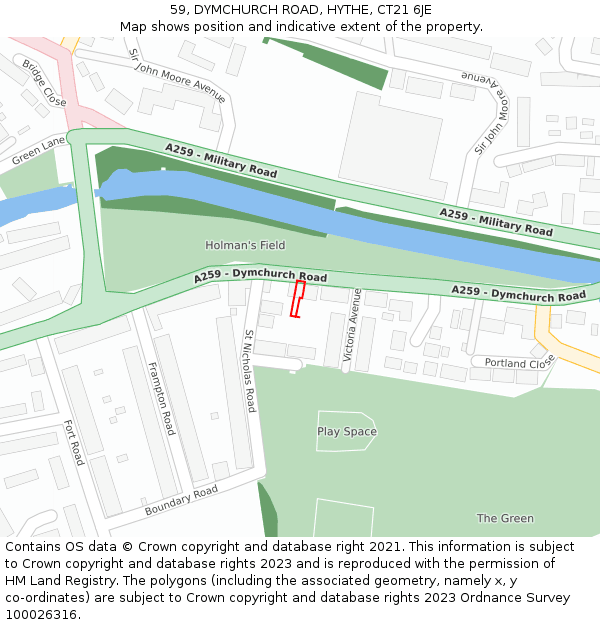 59, DYMCHURCH ROAD, HYTHE, CT21 6JE: Location map and indicative extent of plot