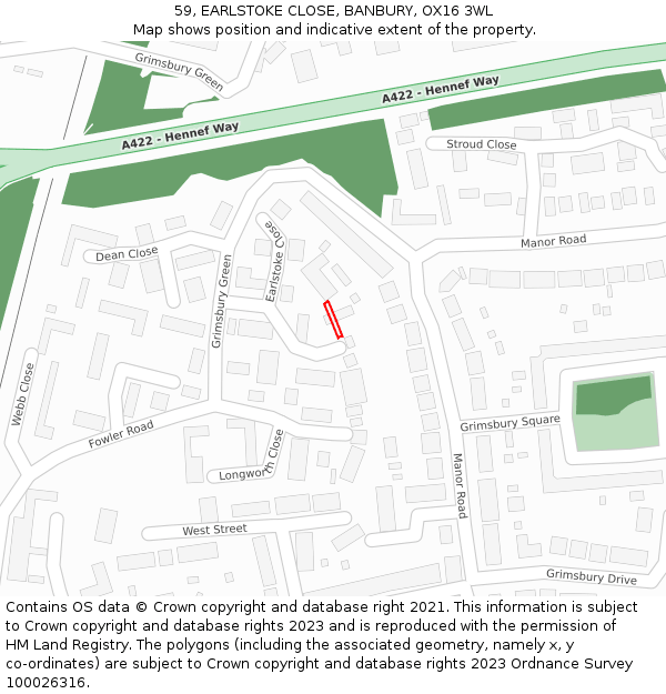 59, EARLSTOKE CLOSE, BANBURY, OX16 3WL: Location map and indicative extent of plot