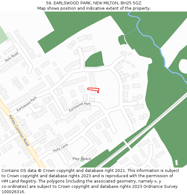 59, EARLSWOOD PARK, NEW MILTON, BH25 5GZ: Location map and indicative extent of plot