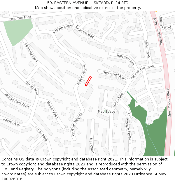 59, EASTERN AVENUE, LISKEARD, PL14 3TD: Location map and indicative extent of plot