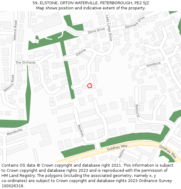 59, ELSTONE, ORTON WATERVILLE, PETERBOROUGH, PE2 5JZ: Location map and indicative extent of plot