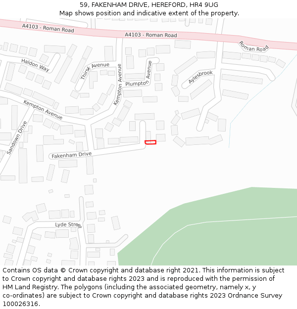 59, FAKENHAM DRIVE, HEREFORD, HR4 9UG: Location map and indicative extent of plot