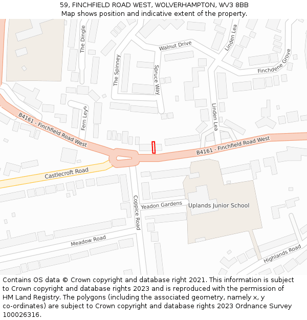 59, FINCHFIELD ROAD WEST, WOLVERHAMPTON, WV3 8BB: Location map and indicative extent of plot