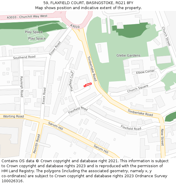 59, FLAXFIELD COURT, BASINGSTOKE, RG21 8FY: Location map and indicative extent of plot
