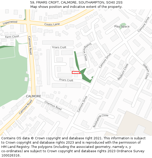 59, FRIARS CROFT, CALMORE, SOUTHAMPTON, SO40 2SS: Location map and indicative extent of plot