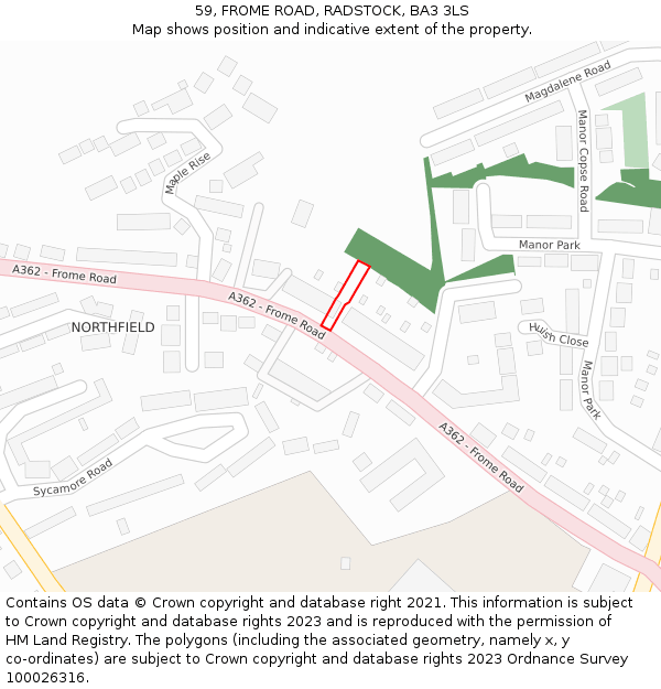 59, FROME ROAD, RADSTOCK, BA3 3LS: Location map and indicative extent of plot