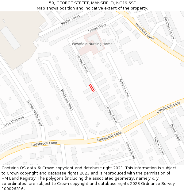 59, GEORGE STREET, MANSFIELD, NG19 6SF: Location map and indicative extent of plot