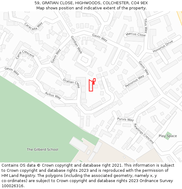 59, GRATIAN CLOSE, HIGHWOODS, COLCHESTER, CO4 9EX: Location map and indicative extent of plot