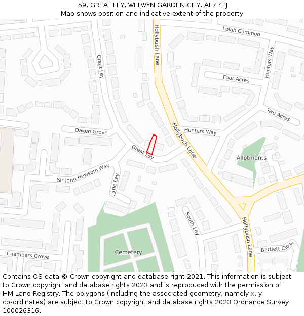 59, GREAT LEY, WELWYN GARDEN CITY, AL7 4TJ: Location map and indicative extent of plot