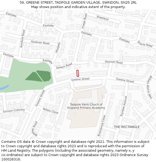 59, GREENE STREET, TADPOLE GARDEN VILLAGE, SWINDON, SN25 2RL: Location map and indicative extent of plot