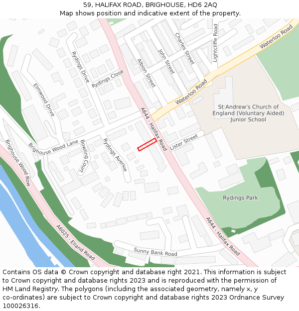 59, HALIFAX ROAD, BRIGHOUSE, HD6 2AQ: Location map and indicative extent of plot