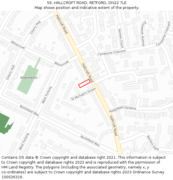 59, HALLCROFT ROAD, RETFORD, DN22 7LE: Location map and indicative extent of plot