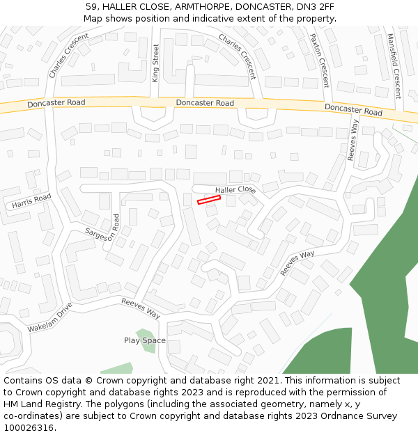 59, HALLER CLOSE, ARMTHORPE, DONCASTER, DN3 2FF: Location map and indicative extent of plot