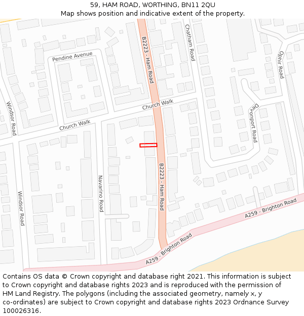 59, HAM ROAD, WORTHING, BN11 2QU: Location map and indicative extent of plot