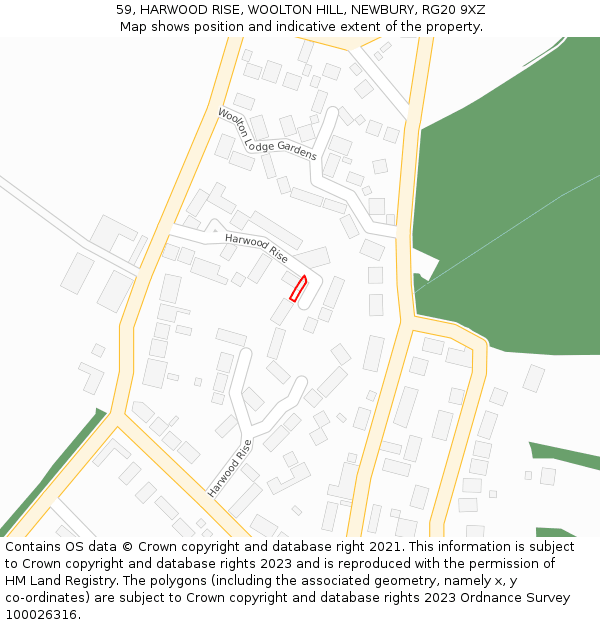 59, HARWOOD RISE, WOOLTON HILL, NEWBURY, RG20 9XZ: Location map and indicative extent of plot