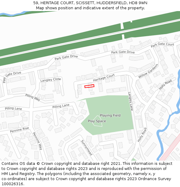 59, HERITAGE COURT, SCISSETT, HUDDERSFIELD, HD8 9WN: Location map and indicative extent of plot