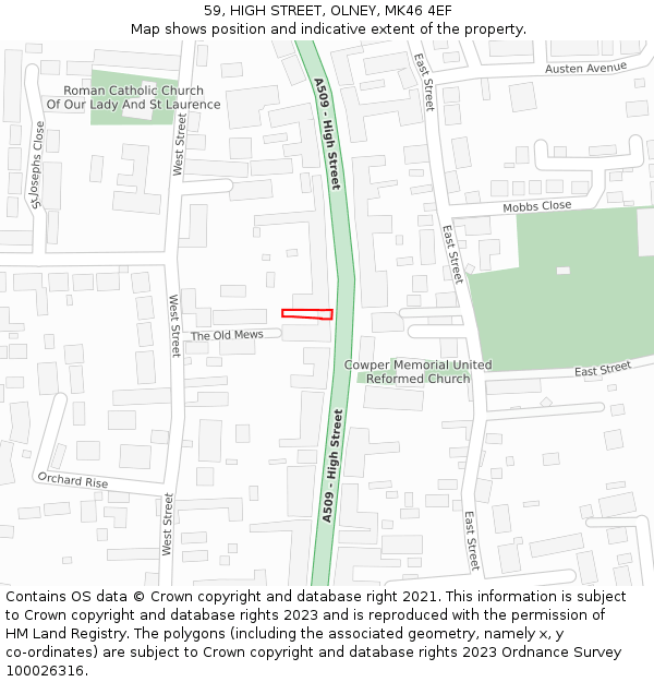 59, HIGH STREET, OLNEY, MK46 4EF: Location map and indicative extent of plot