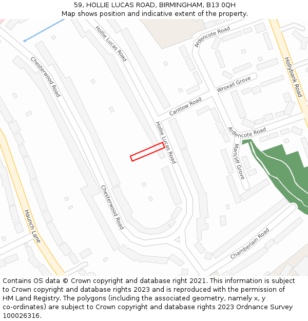 59, HOLLIE LUCAS ROAD, BIRMINGHAM, B13 0QH: Location map and indicative extent of plot