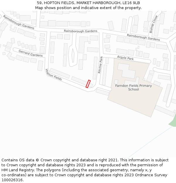 59, HOPTON FIELDS, MARKET HARBOROUGH, LE16 9LB: Location map and indicative extent of plot