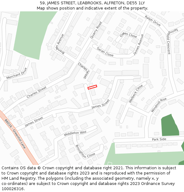 59, JAMES STREET, LEABROOKS, ALFRETON, DE55 1LY: Location map and indicative extent of plot