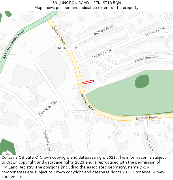 59, JUNCTION ROAD, LEEK, ST13 5QN: Location map and indicative extent of plot
