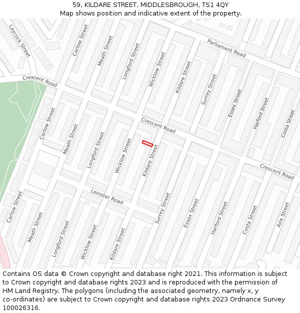 59, KILDARE STREET, MIDDLESBROUGH, TS1 4QY: Location map and indicative extent of plot