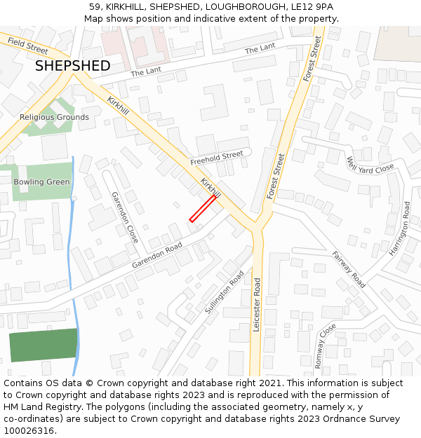 59, KIRKHILL, SHEPSHED, LOUGHBOROUGH, LE12 9PA: Location map and indicative extent of plot