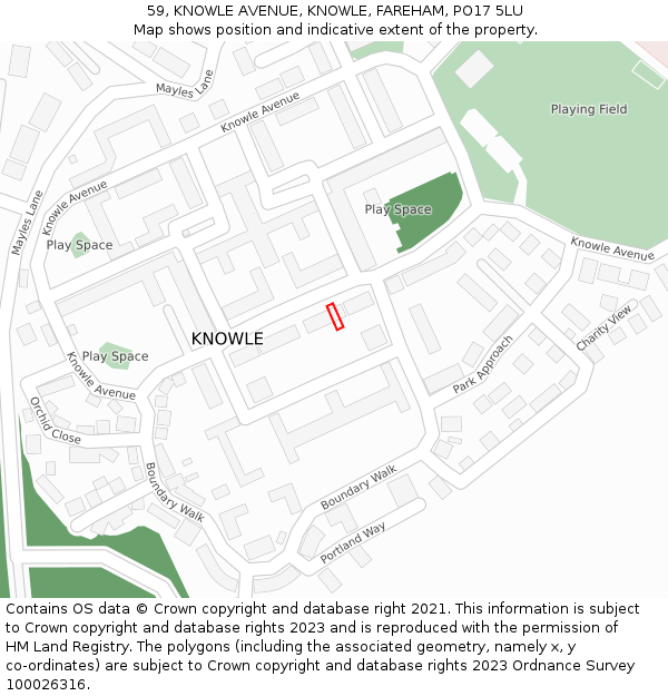 59, KNOWLE AVENUE, KNOWLE, FAREHAM, PO17 5LU: Location map and indicative extent of plot