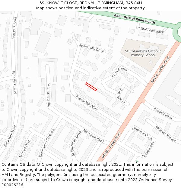 59, KNOWLE CLOSE, REDNAL, BIRMINGHAM, B45 8XU: Location map and indicative extent of plot
