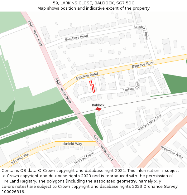 59, LARKINS CLOSE, BALDOCK, SG7 5DG: Location map and indicative extent of plot