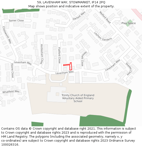 59, LAVENHAM WAY, STOWMARKET, IP14 2PQ: Location map and indicative extent of plot