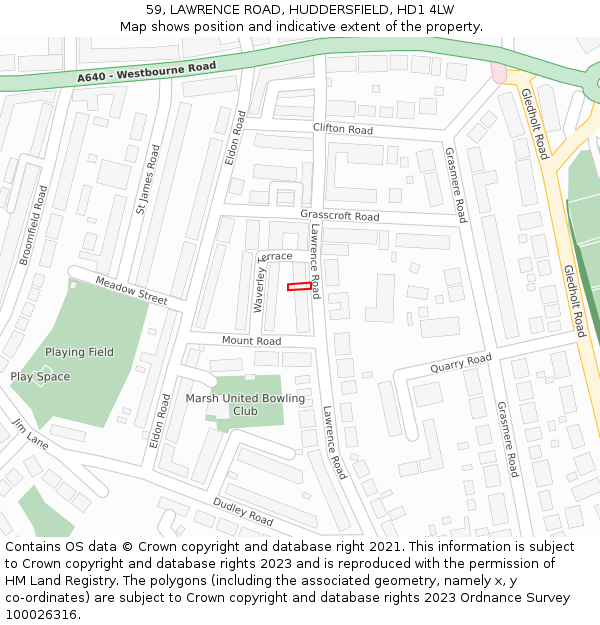 59, LAWRENCE ROAD, HUDDERSFIELD, HD1 4LW: Location map and indicative extent of plot